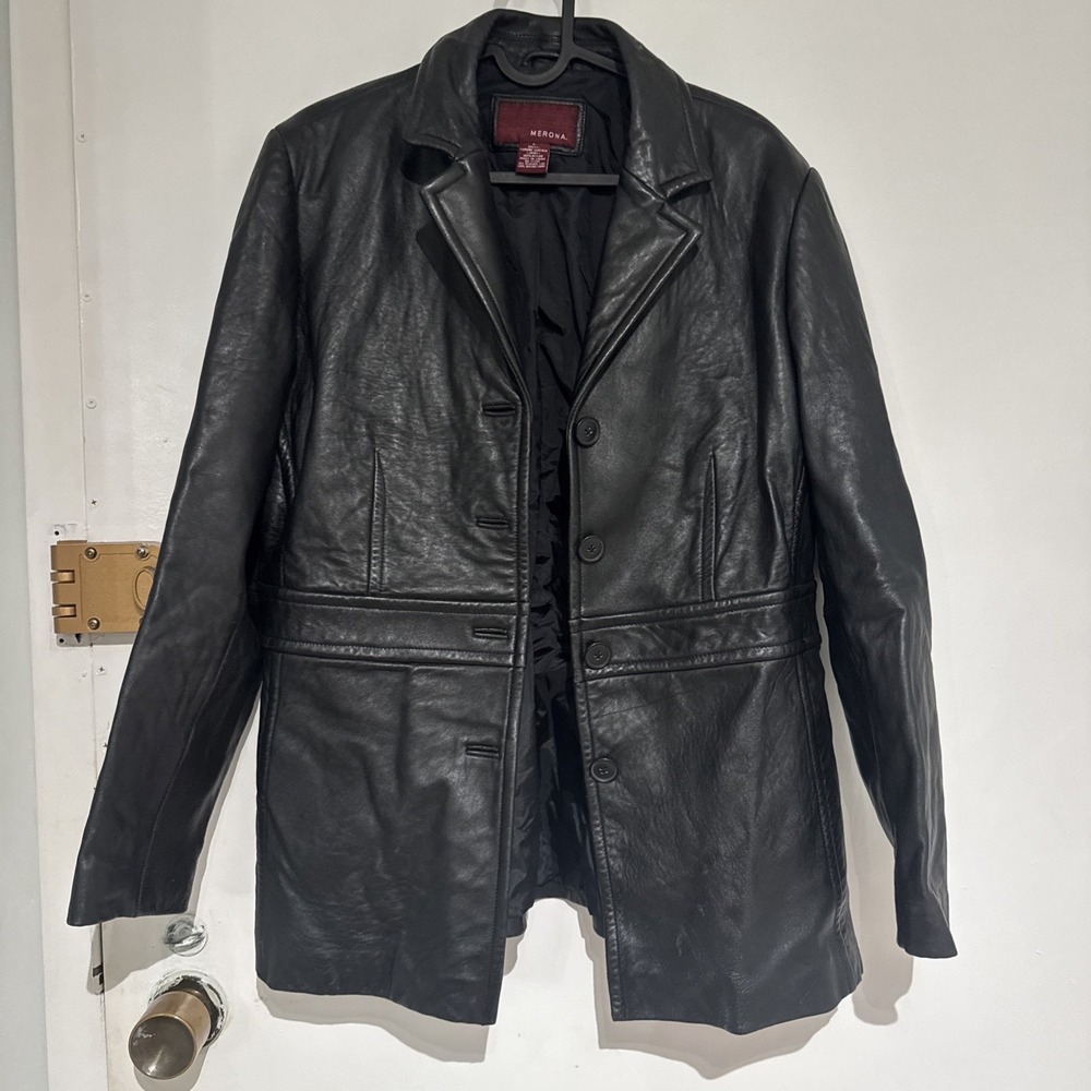 Merona Black Genuine Leather Jacket Vintage Collared Button Front Size Large EUC